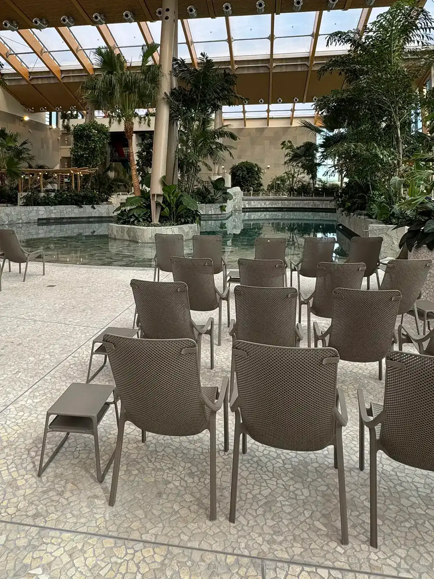 Pool area with contract-grade sun loungers arranged for high-traffic wellness use at Nordborg Resort.